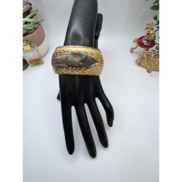 8” Hand Painted Silver on Ivory Brass Chunky Bangle Bracelet Peacock Feather - Picture 2 of 12